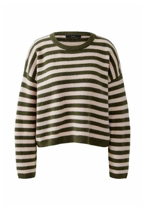 Pull tricoté en vert olive et rayures roses claires, avec un col rond, des manches longues et une coupe courte. Texture douce.