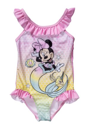 Children's swimsuit featuring a pink frill, colorful mermaid design, and cartoon character. Made of smooth, stretchy fabric with a scale pattern.