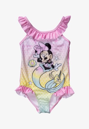 Lasten uimaasu, jossa on vaaleanpunainen röyhelö, värikäs merenneito -kuvio ja piirroskuva. Valmistettu sileästä ja joustavasta kankaasta, jossa on suomumalli.