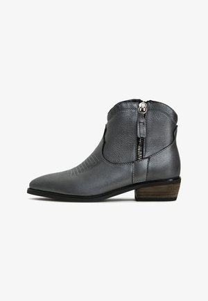 Gray leather ankle boot with pointed toe, side zipper, and stitched detail on the upper. Low stacked heel, smooth texture.