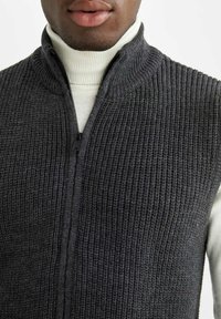 Gilet lavorato a maglia grigio scuro con colletto alto e zip, caratterizzato da un motivo testurizzato e indossato sopra una maglia a collo alto bianca.