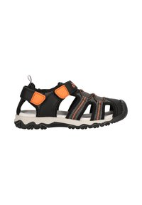 Svart sandal med orange detaljer, gummisula, överdel av mesh och justerbara remmar. Har öppen tå och skuren design för andningsförmåga.