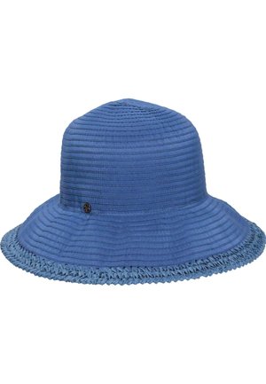 Blue fabric bucket hat with horizontal ribbed texture and a braided edge trim.
