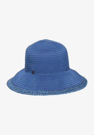 Pălărie tip găleată din material albastru, cu textură orizontală côtelată și margine împletită.