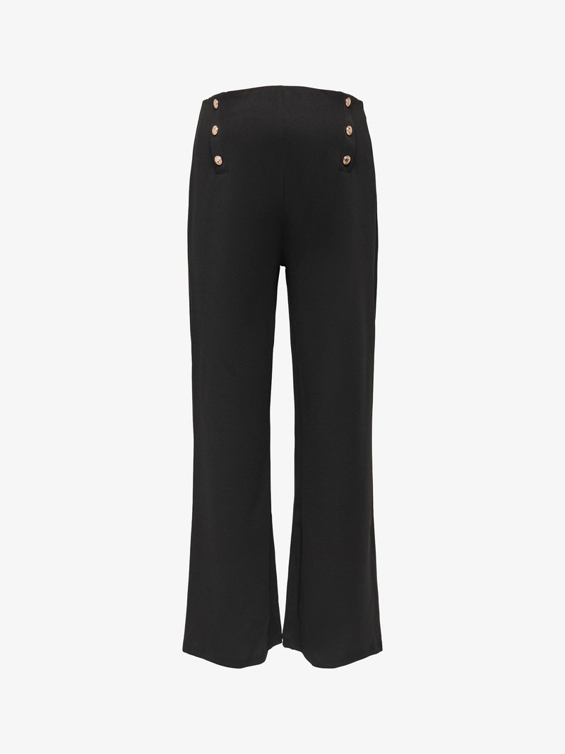 Schwarze, weit geschnittene Hose mit hoher Taille und dekorativen goldenen Knöpfen an den vorderen Taschen, vor weißem Hintergrund dargestellt.