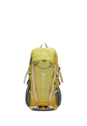 Gelber und beiger Wanderrucksack mit mehreren Gurten, Netzseitentaschen, Vordergriff und Aoking-Logo auf der oberen Klappe.