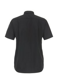 Schwarzes Kurzarmhemd aus glattem Stoff, mit spitzem Kragen und entspanntem Schnitt mit abgerundetem Saum.