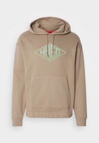 Felpa beige con tasca frontale, cappuccio regolabile con cordino e logo a forma di diamante verde menta sul petto. Tessuto morbido, design casual.