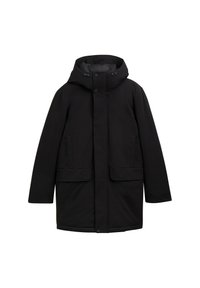 Must musta jope kapuutsiga, millel on nööpidega esikinnis, kaks esikotti ja sile, mati tekstuuriga. Lihtne, sirge lõike disain.