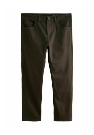 Slim-fit nohavice z tmavozelenej bavlny. Majú predné vrecká, zapínanie na gombík a hladkú textúru s minimálnymi detailmi.