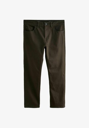 Slim-fit nohavice z tmavozelenej bavlny. Majú predné vrecká, zapínanie na gombík a hladkú textúru s minimálnymi detailmi.