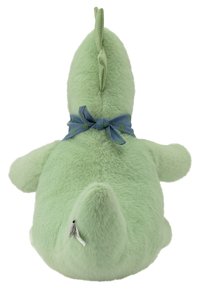 Stuffed dinosaur toy, soft light green fabric, rounded body, short arms, blue fabric scarf with green accents, small tail, textured back.