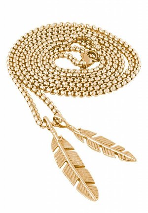 Auksinės spalvos grandinėlė su dviem plunksnų formos pakabukais, turinčiais detalius lapų raštus. Lygus paviršius, užsegimo sistema.
