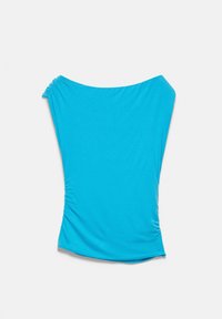 Bright blue one-shoulder sleeveless top with gathered detail on the single shoulder and side, laid flat on a white background.