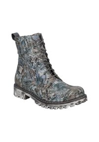 Stivale alla caviglia con lacci, presenta una parte superiore testurizzata e multicolore con nomi di città stampati, una suola in gomma grigia e un design robusto.