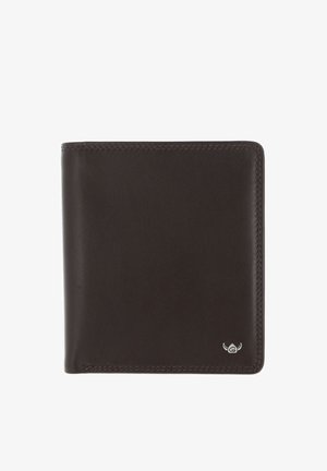 Dunkelbraune Leder-Brieftasche mit Faltfunktion, genähten Kanten und einem kleinen silbernen Emblem in der unteren rechten Ecke vor weißem Hintergrund.