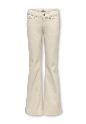 Jeans évasés crème pour femmes avec poches avant, passants de ceinture et fermeture à bouton, présentés sur fond blanc.