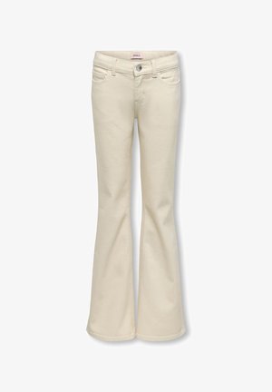 Jeans évasés crème pour femmes avec poches avant, passants de ceinture et fermeture à bouton, présentés sur fond blanc.