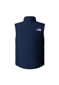 Vestă matlasată bleumarin cu guler înalt, model matlasat orizontal și un mic logo alb pe partea superioară a spatelui. Fără mâneci.