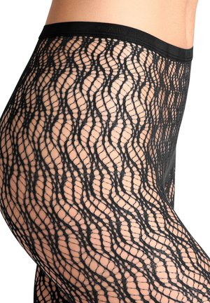 Meias de rede pretas com um padrão de ondas e uma cintura sólida. A textura é aberta e elástica, permitindo flexibilidade e respirabilidade.