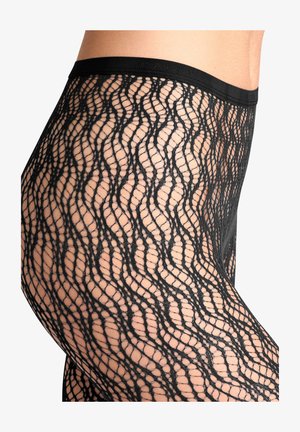 Mustad võrkkoodiga mustad sukkpüksid, millel on laineline muster ja kindel vöökoht. Tekstuur on avatud ja elastne, pakkudes paindlikkust ja hingavust.