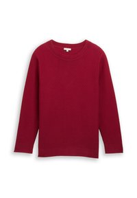 Roter strukturierter Pullover mit Rundhalsausschnitt und langen Ärmeln. Der Stoff hat ein erhabenes Muster, und die Bündchen sowie der Saum sind gerippt.