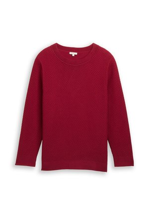 Pull rouge texturé avec un décolleté rond et des manches longues. Le tissu a un motif en relief et les poignets ainsi que l'ourlet sont côtelés.