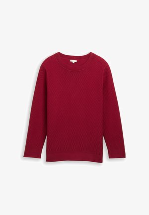 Červený textúrovaný sveter s okrúhlym výstrihom a dlhými rukávmi. Tkanina má jemne vystúpený vzor a manžety a lem sú ribbované.
