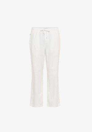 Lichtgewicht, witte linnen broek met een elastische tailleband en een trekkoord. Rechte pijp ontwerp met een gladde textuur en geen opmerkelijke patronen.