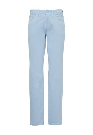 Gaiši zili džinsi ar taisnu kāju dizainu, piecu kabatu stilu un izšuvumiem gar šuvēm. Pogas un rāvējslēdzējs aizdare.