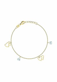 Zachte gouden armband met twee hartvormige bedels en twee druppelvormige heldere kristallen bedels aan een fijne ketting.