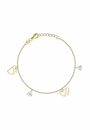Delikat guldarmbånd med to hjerteformede charms og to tåreformede klare krystal charms på en fin kæde.