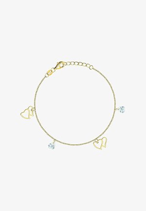 Delicata bracciale d'oro con due charm a forma di cuore e due charm a goccia in cristallo trasparente su una sottile catena.