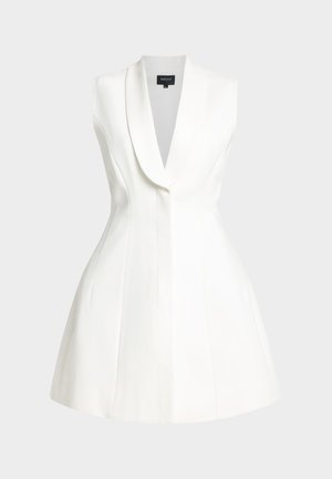 Hvit ermeløs skreddersydd blazer-kjole med sjalskrage og utvidet skjørt, strukturerte sømmer for en tilpasset midje, merket Bardot.