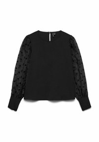 Musthave mustreie, millel on tekstuuriga peamine kehaosa ja läbipaistvad puffvarrukad, mis on kaetud mustade täppidega. Tagumine lukustus ja liibuvad mansetid.