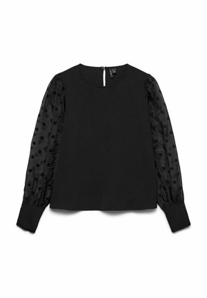 Zwarte top met een gestructureerd hoofddoek en doorschijnende pofmouwen met zwarte stippen. Met rits aan de achterkant en aansluitende manchetten.