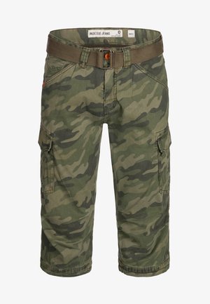 Vihreissä sävyissä olevat sotilasmyyristöshortsit, jotka on valmistettu puuvillasta tekstuuripinnalla. Varustettu useilla sivutaskuilla ja kangashihnalla, jossa on solki.