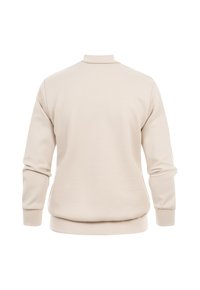 Sweat-shirt beige à manches longues avec poignets et ourlet côtelés, vu de dos sur un fond blanc.