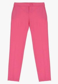 Vaaleanpunaiset housut, joissa on sileä kangas, kapea istuvuus ja litteä etuosa napillinen kiinnitys ja sivutaskut.