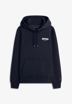 Tmavě modrá mikina s kapucí, přední kapsou, stahovací šňůrkou na kapuci, malým bílým grafikou na hrudi a logem na levém manžetu.