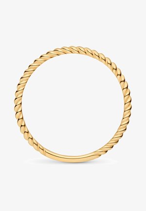 Goldene, gedrehte Seilarmband mit einer glatten, polierten Oberfläche. Kreisförmige Form mit einem durchgehenden Muster, das die Textur betont.