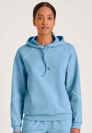 Lichtblauw hoodie van zachte stof, met een trekkoord voor de capuchon, raglanmouwen en ribgebreide boorden en onderrand. Dunne witte accentlijnen versieren de mouwen.