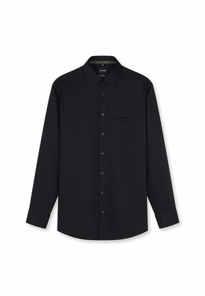 Black long-sleeve button-up shirt with a chest pocket and a classic collar on a white background.