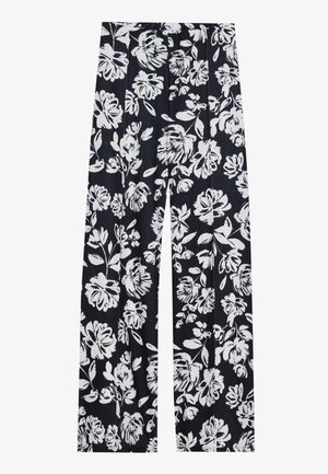 Pantalons floraux en tissu marine avec un motif de fleurs blanches, dotés de jambes larges et d'une coupe décontractée. Texture lisse, sans matériel visible.
