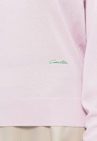 Svetlo ružový pletený sveter s rebrovanými manžetami a lemom. Na prednej strane je vyšitý zelený znak "Calvin Klein". Mäkka textúra.