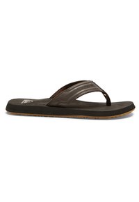 Sandale en caoutchouc marron avec une semelle en caoutchouc texturée, des bretelles larges et un détail de logo subtil ; elle possède une semelle intérieure noire et une semelle extérieure marron.