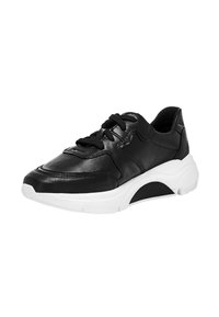 Schwarzer synthetischer Sneaker mit runder Zehenpartie, strukturierten Oberflächen und weißer Sohle mit leichter Erhöhung sowie gemusterten Akzenten an den Seiten.