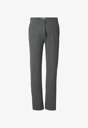 Hallid dressipüksid, mis on valmistatud pehmest kangast, elastse vöökoha ja nööriga reguleeritava sobivuse jaoks, sirgete säärtega ja ilma mustriteta.