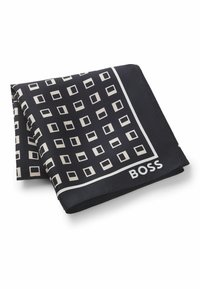 Sort silk lommeskærf med et geometrisk mønster af hvide firkanter, kantet med en hvid linje og mærket "BOSS" i hjørnet.