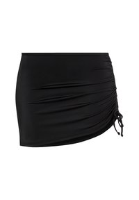 Black swim skirt made of smooth fabric, featuring a ruched design with a gathering on the side and adjustable drawstring detail.